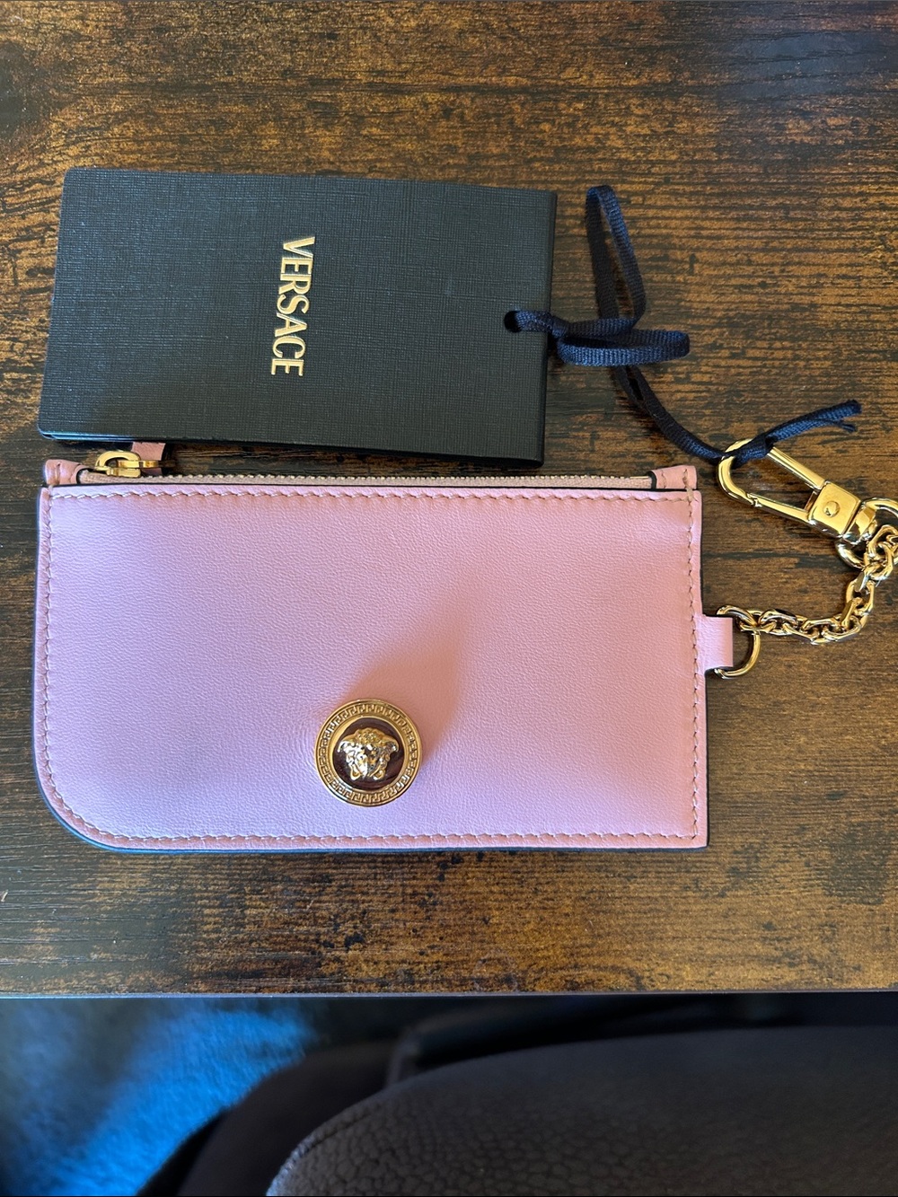 NWT Versace Pink Leather Card Holder with Gold Medusa Charm and Chain